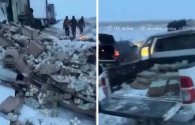 Маңғыстауда йогурт тиелген жүк көлігі аударылып, жүргізуші тауарды тегін таратқан