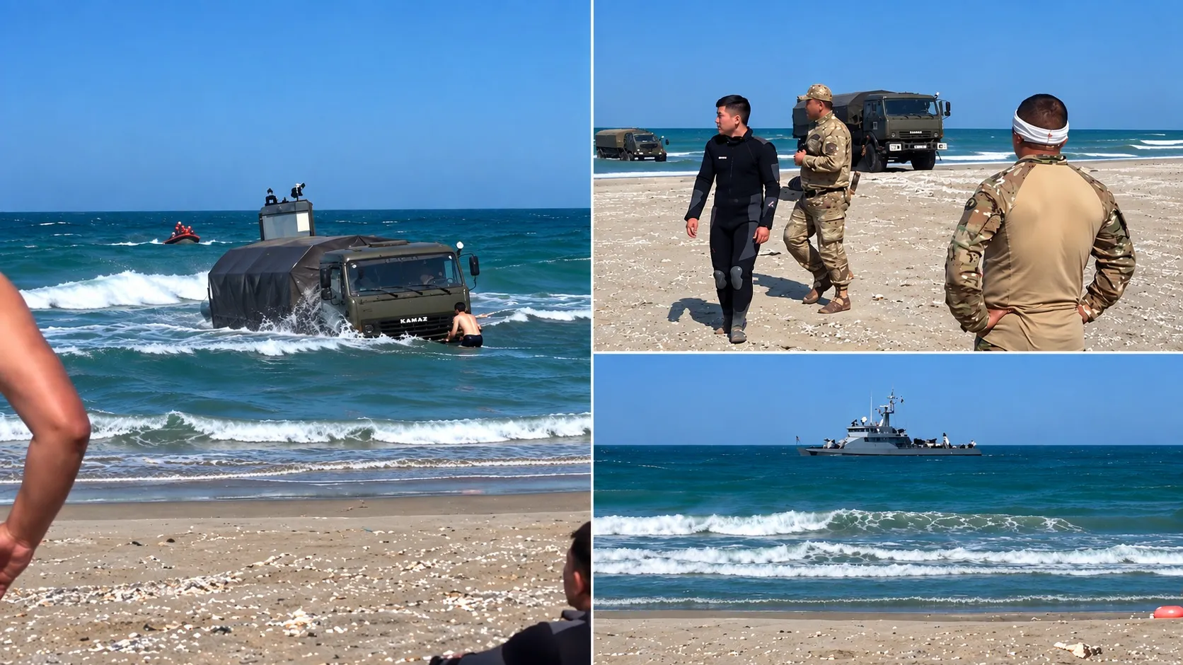 Появились видео с места трагедии на Каспии, где военных унесло в море